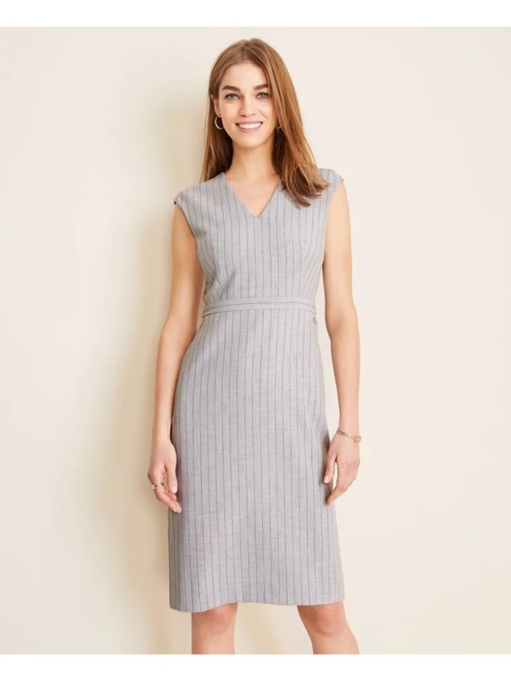 Ann Taylor Dress Size 6 Gray Sleeveless V-Neck Pinstripe Sheath